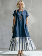 Cozy Striped Patchwork Ruffled Loose Cotton-linen Maxi Dress
