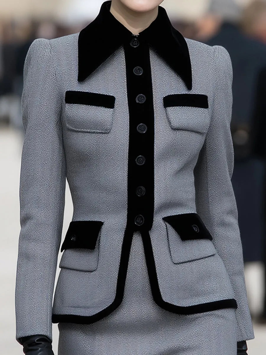 Elegant Herringbone Blazer & Pencil Skirt Set