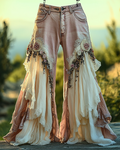 Summer Ruffle Linen Lace Splicing Denim Embroidery Pants 7144