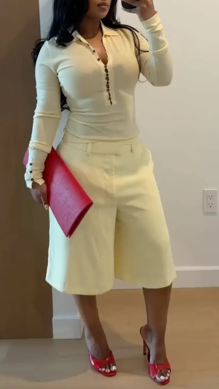 Women's Fitted Button-Up Top & Casual Mid-Length Shorts Set