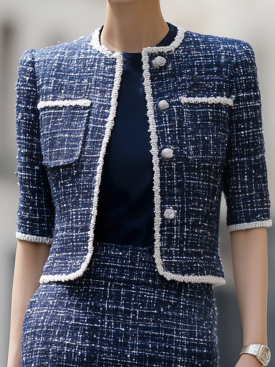 Tweed Two-Piece Set: Short-Sleeve Trimmed Jacket & Pencil Skirt