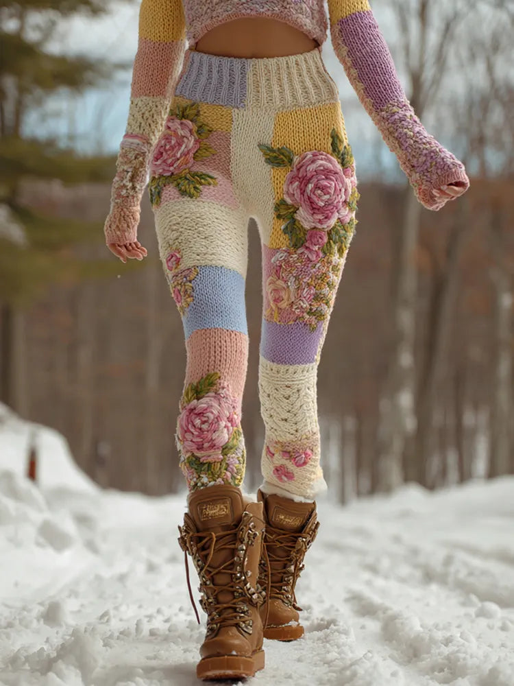 Women's Vintage Floral Art Patchwork Cozy Knit Leggings
