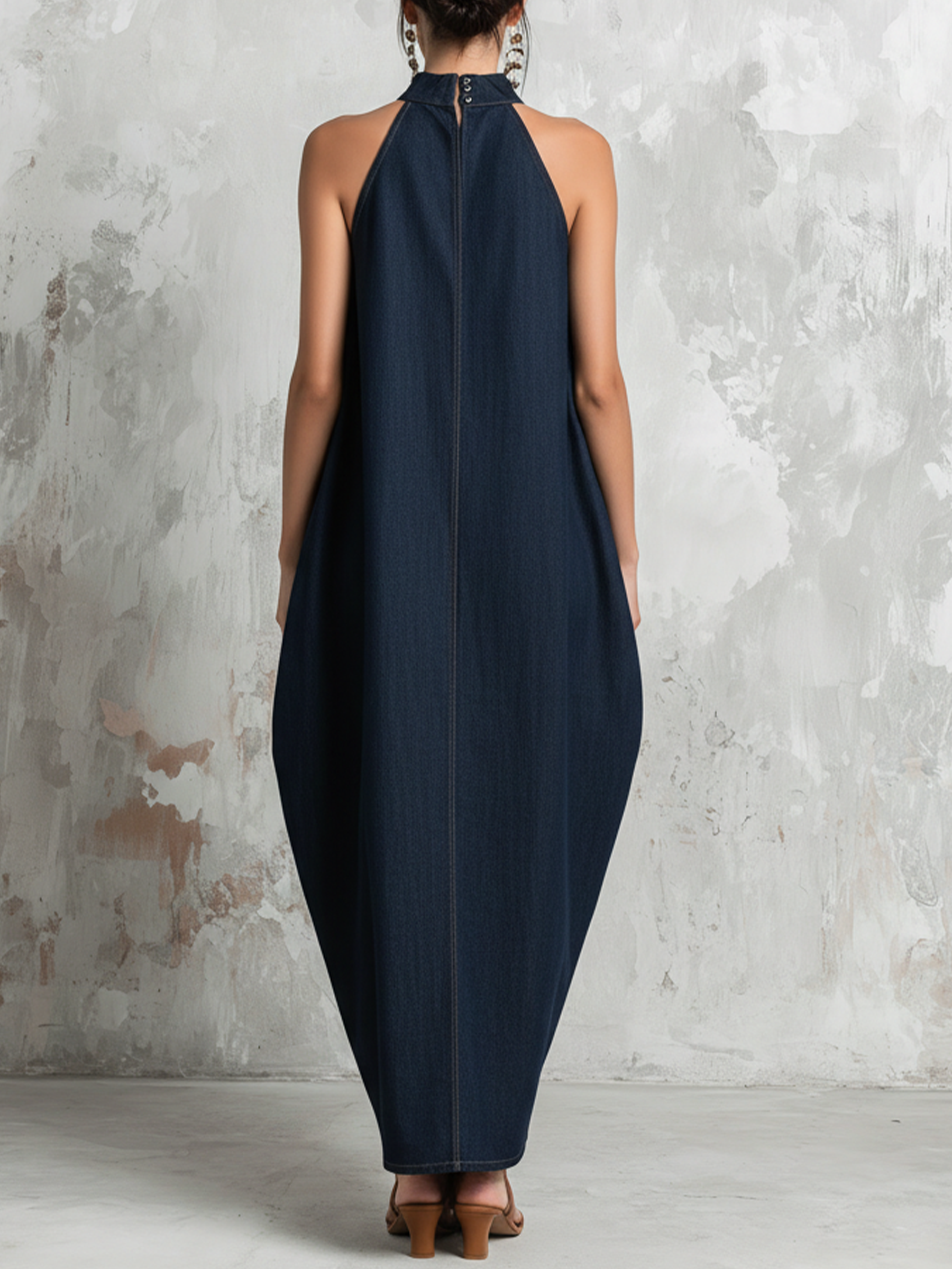 Dark Blue Denim Halter Neck Oversized Maxi Dress