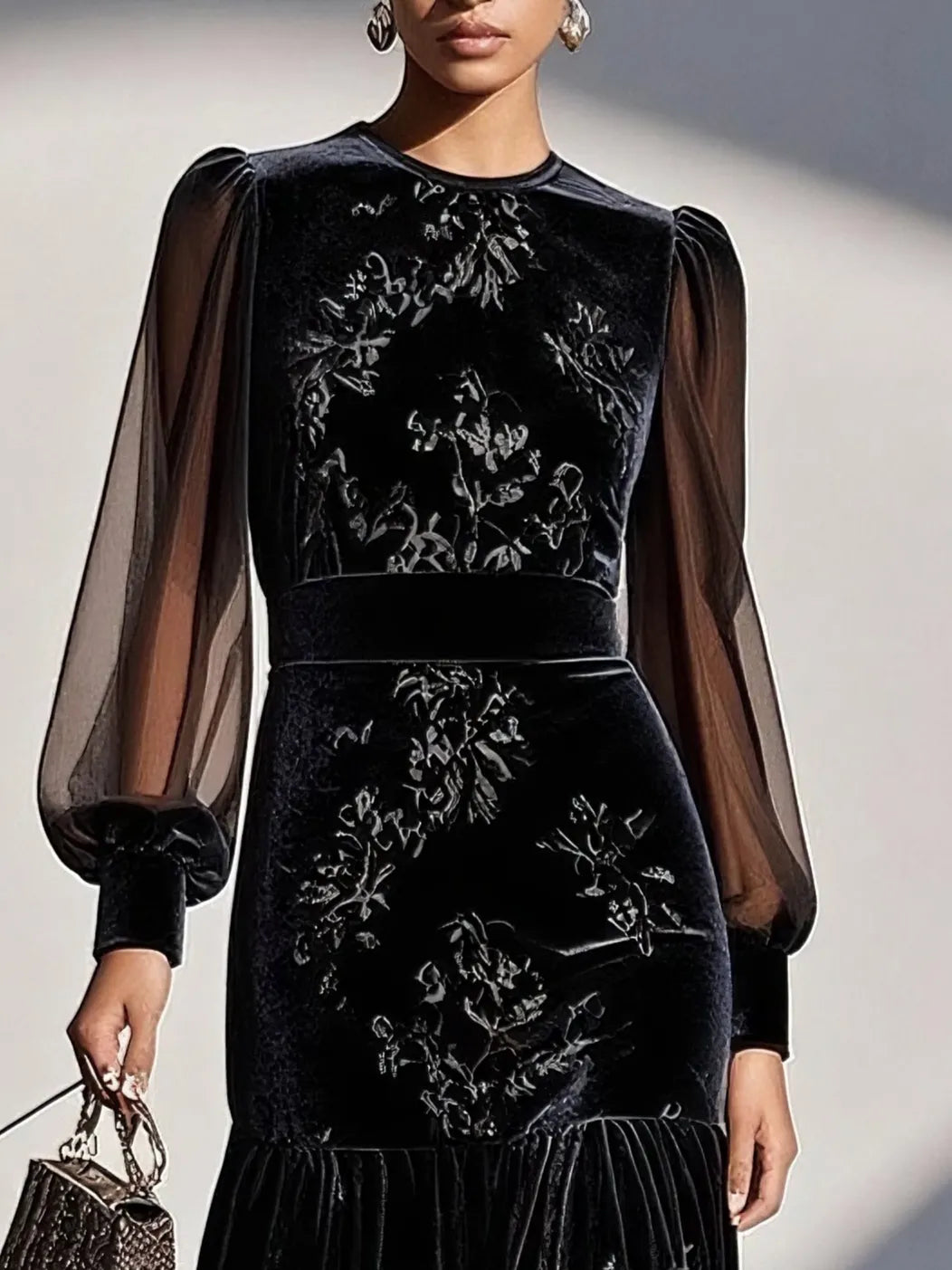 Black Mesh Jacquard Velvet Crew Neck Long Sleeve Balloon Sleeve Mermaid Midi Dress