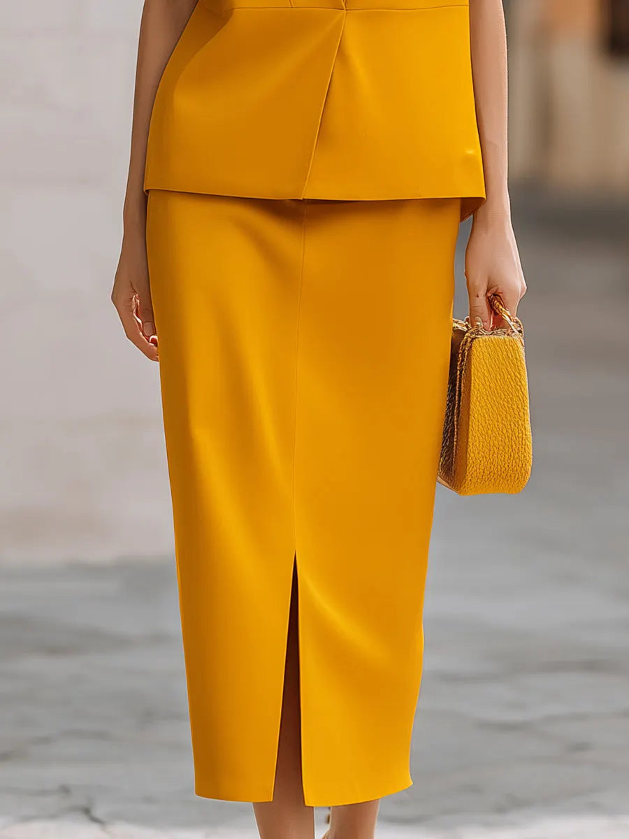 Stand Collar V-Neck Sleeveless Vest & Slit Midi Skirt Two-Piece Set