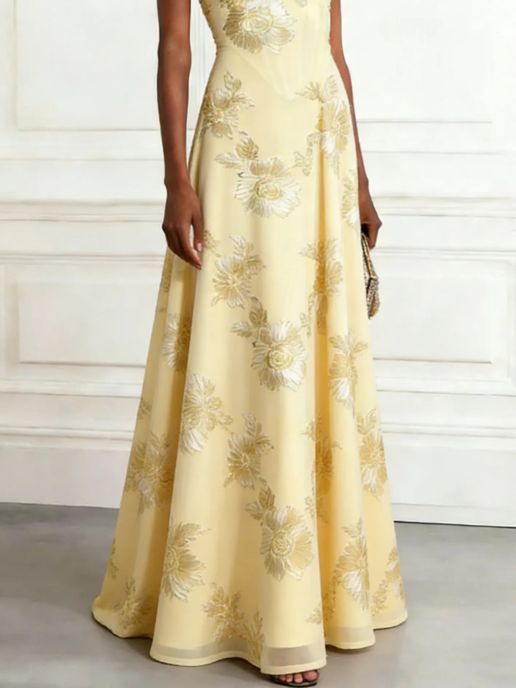 Yellow Jacquard Classic One Shoulder Sleeveless A-Line Maxi Dress