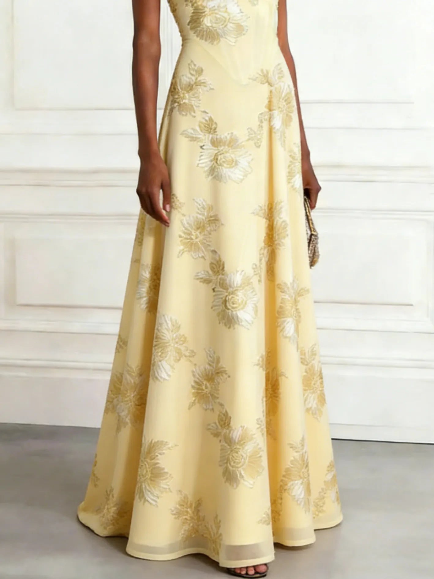 Yellow Jacquard Classic One Shoulder Sleeveless A-Line Maxi Dress