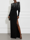 Black Hot Drilling Side-Slit Knit Long Sleeve Dolman Sleeve A-Line Maxi Dress