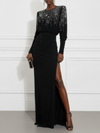 Black Hot Drilling Side-Slit Knit Long Sleeve Dolman Sleeve A-Line Maxi Dress