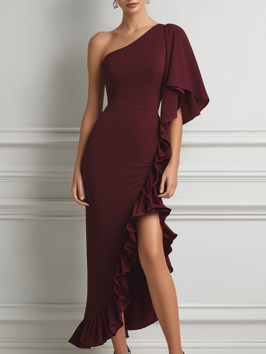 Burgundy One-Shoulder Ruffled Slit Midi Dress