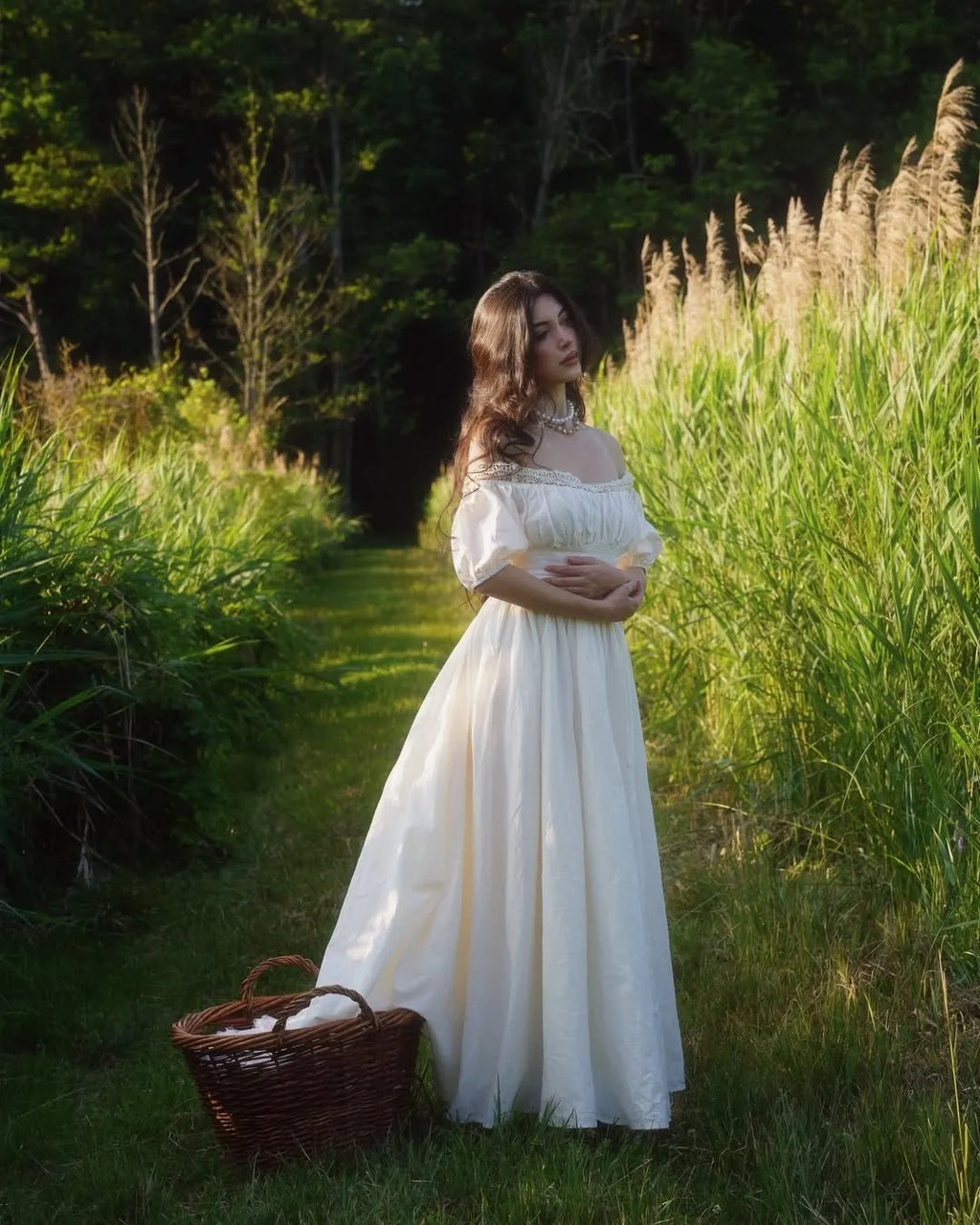 Linen Maxi Dress, Short Sleeve, Off The Shoulder, Plain, Vintage, Daily, White