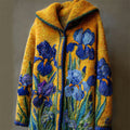 Vintage Irises Inspired Felt Embroidered Cozy Knit Hooded Cardigan