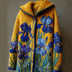 Vintage Irises Inspired Felt Embroidered Cozy Knit Hooded Cardigan
