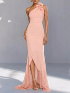 Pink 3D Floral Lace Classic One Shoulder Sleeveless Mermaid Gown Dress