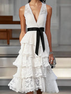 Chic White Lace Tiered Dress with Black Waist Tie
