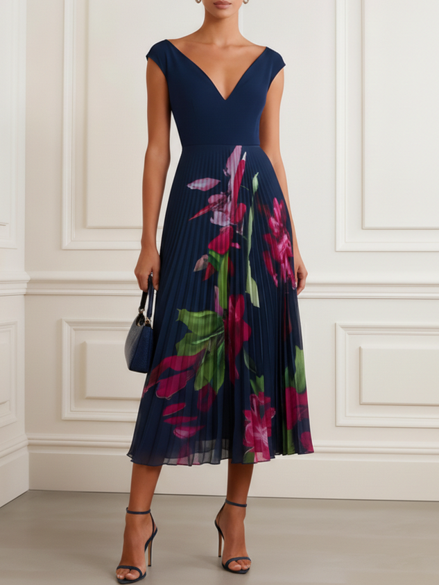 Navy Blue Pleated Floral Chiffon V Neck Cap Sleeve A-Line Midi Dress