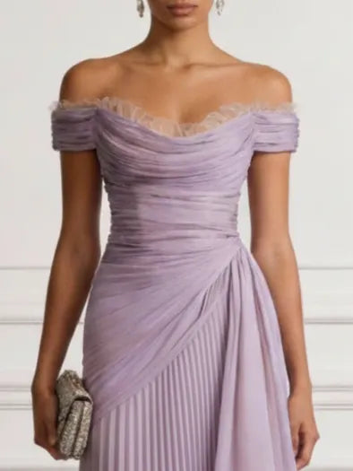 Lavender Ruched Lace Chiffon Off The Shoulder Short Sleeve A-Line Midi Dress