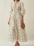 Maxi Linen Dress, 3/4 Sleeves, V Neck, Linen Blend, Blue