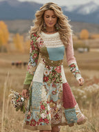 Women's Patchwork Floral Art Cozy Knit Sweater Dress
