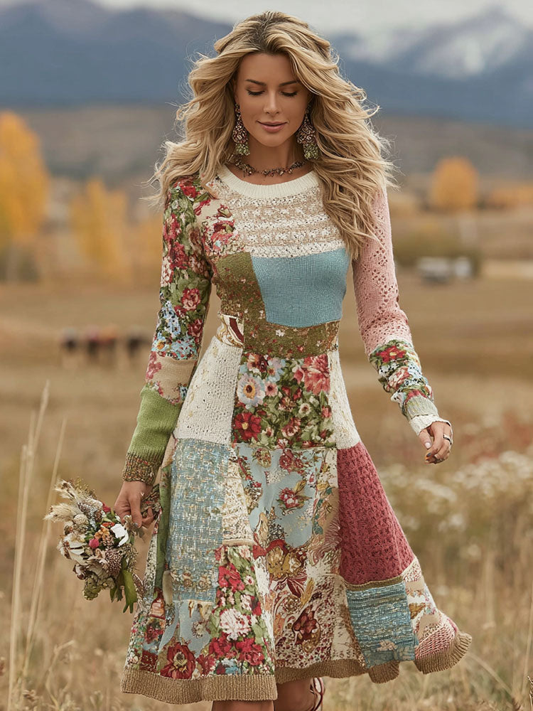 Women's Patchwork Floral Art Cozy Knit Sweater Dress