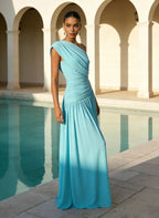 Cyan Ruched Knit Asymmetrical Sleeveless A-Line Floor-length Gown Dress