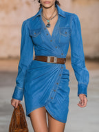 Western-style Blue Denim  With Irregular Design And Button Closure Mini Dress
