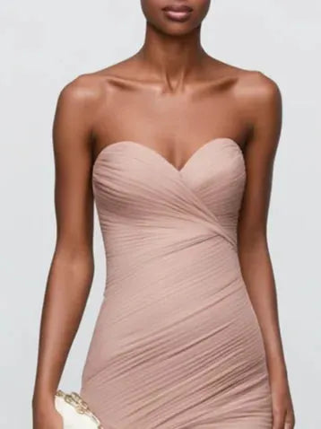 Pink 3D Floral Ruched Tulle Strapless Sleeveless Mermaid Gown Dress