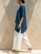 Blue Asymmetrical Top & White Wide-Leg Pants Two-Piece Set