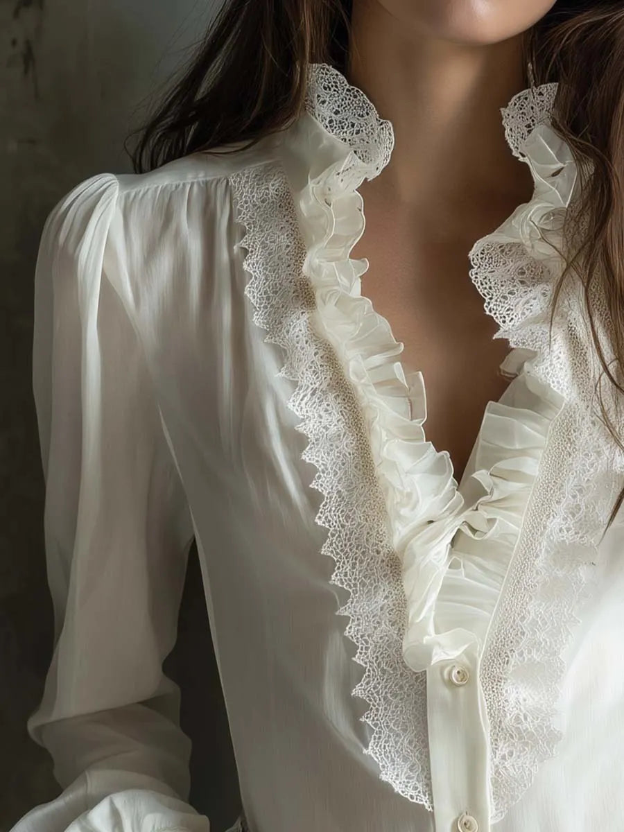 Romantic Ruffled Lace Blouse – Ivory White