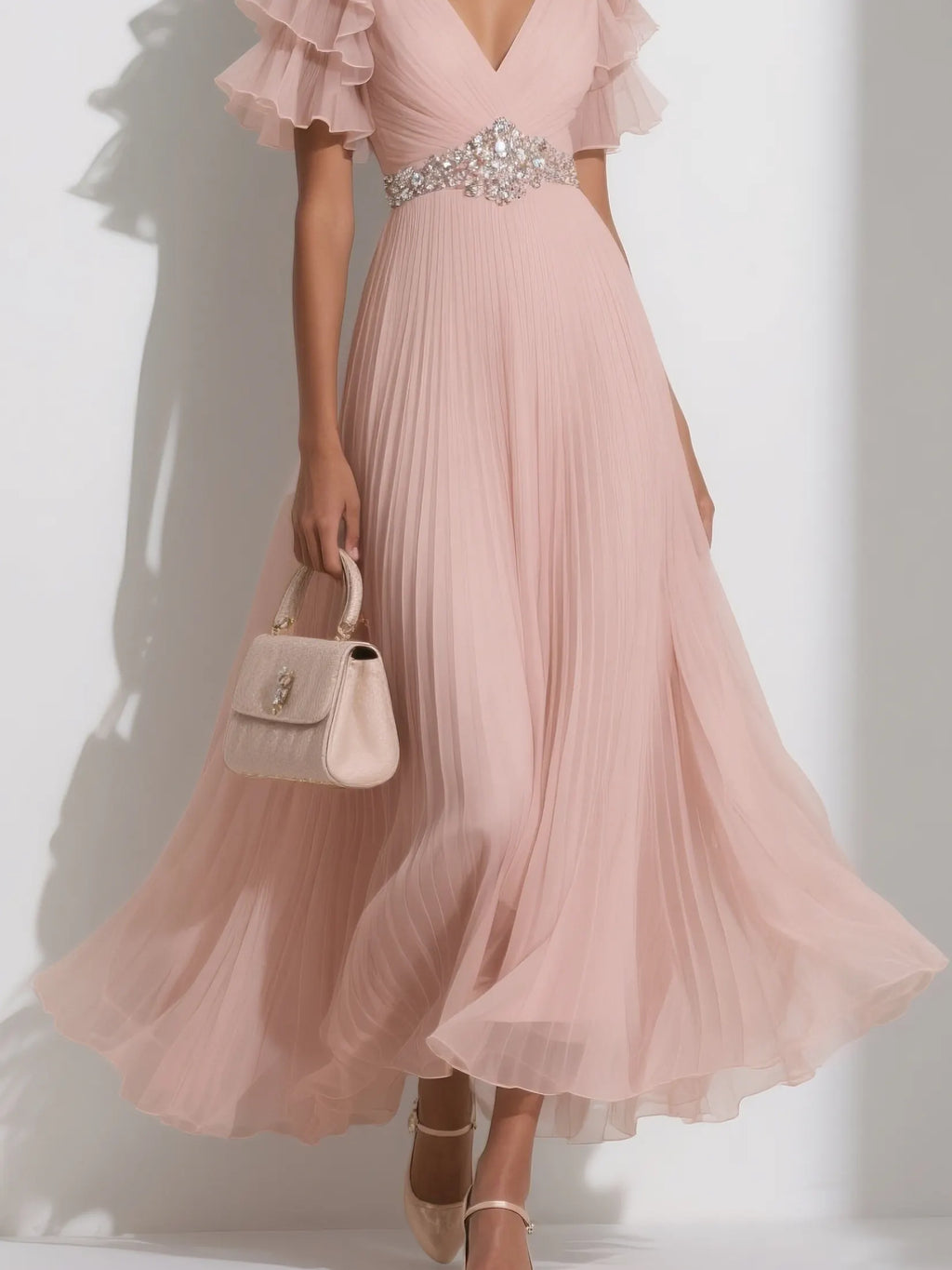 Pink Pleated Rhinestone Chiffon V Neck Short Sleeve Ruffle Sleeve A-Line Maxi Dress
