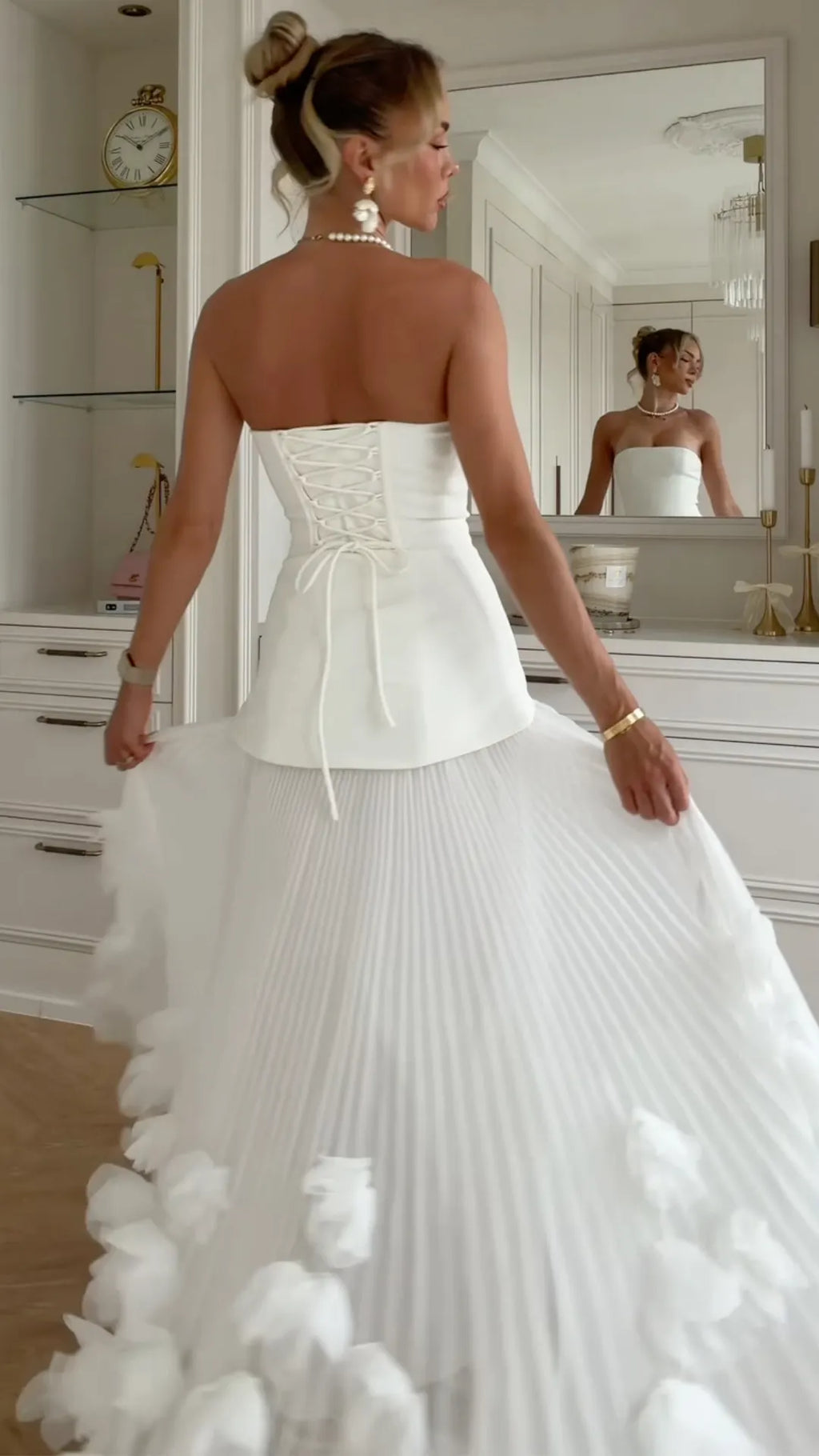 Strapless 3D Petal Pleated Bridal Maxi Dress