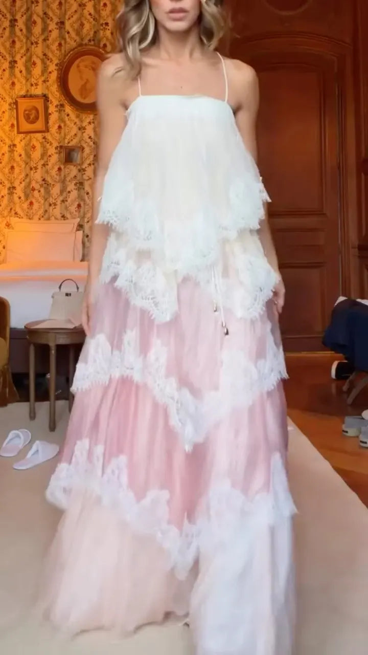 Tiered Lace Tulle Maxi Dress