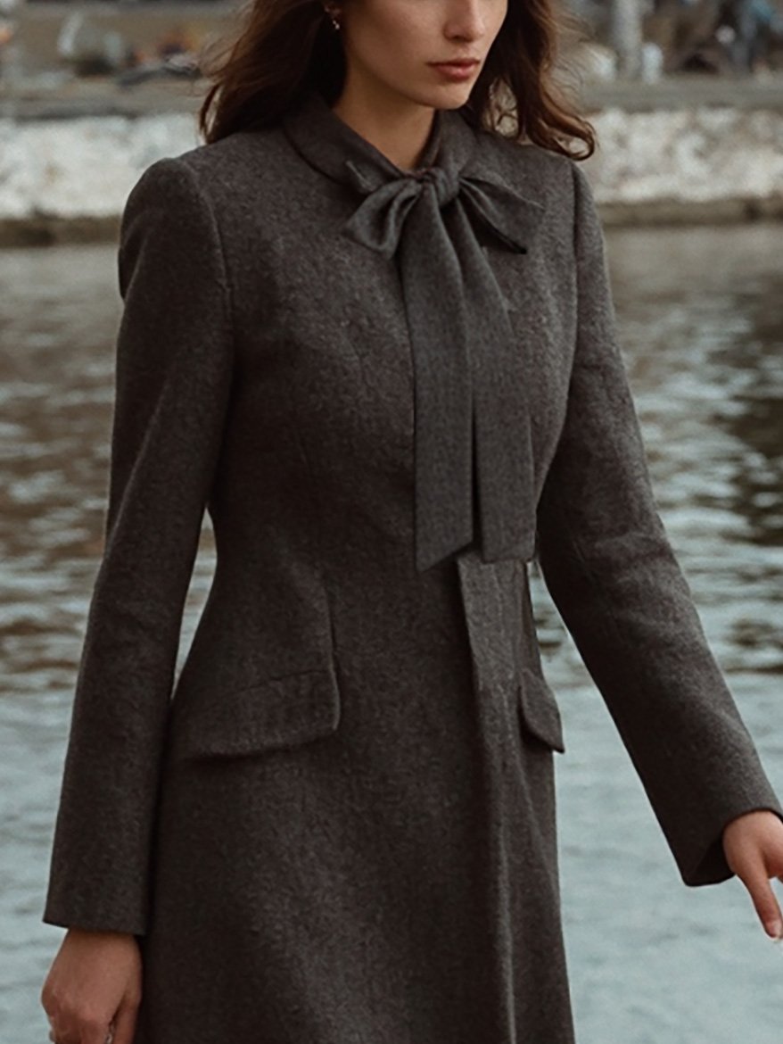 Wool Trench Coat, Long Sleeves, Plain, Pocket Design, Vintage, Deep Gray