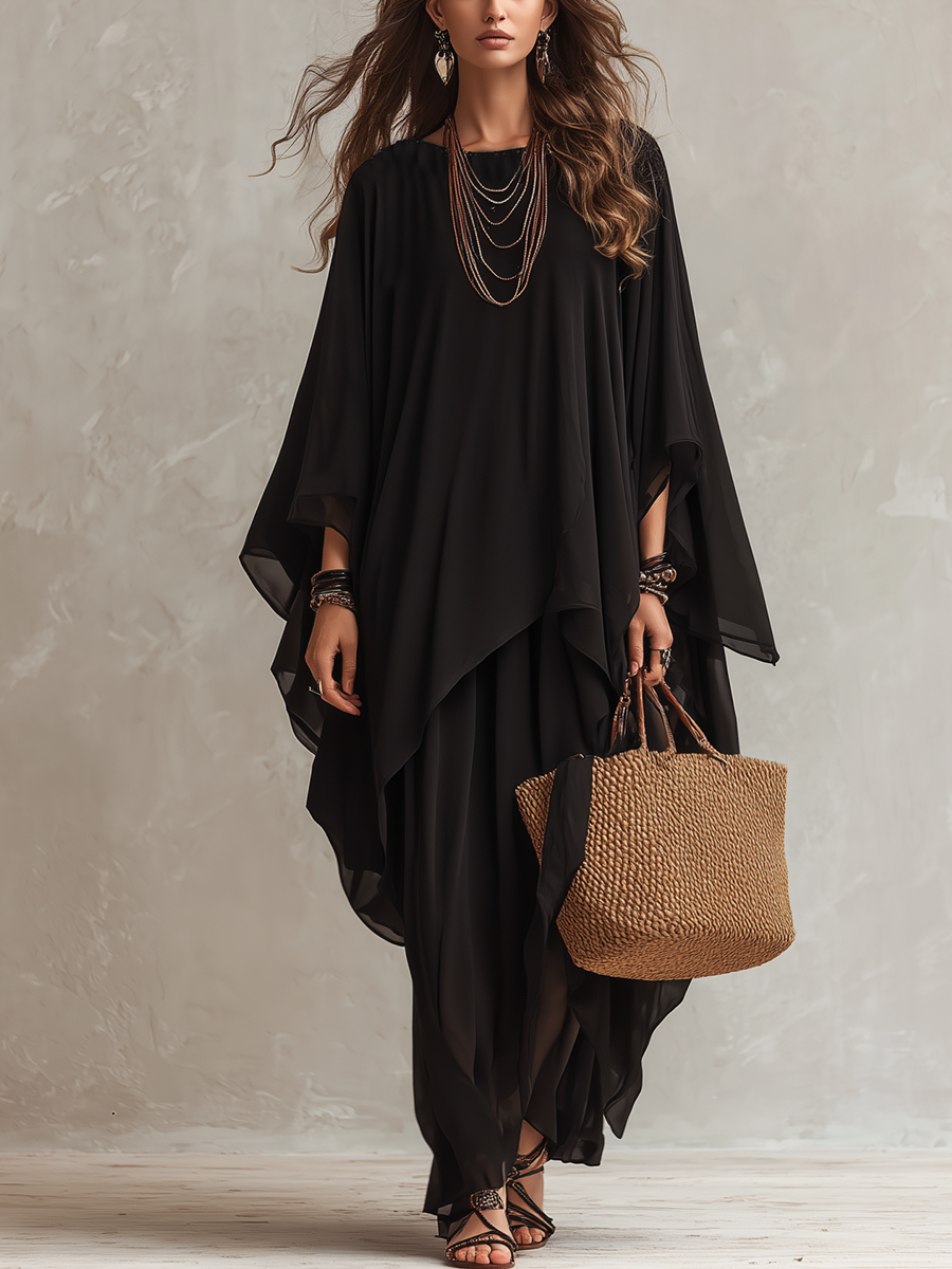 Bohemian Black Chiffon Asymmetrical Long Skirt