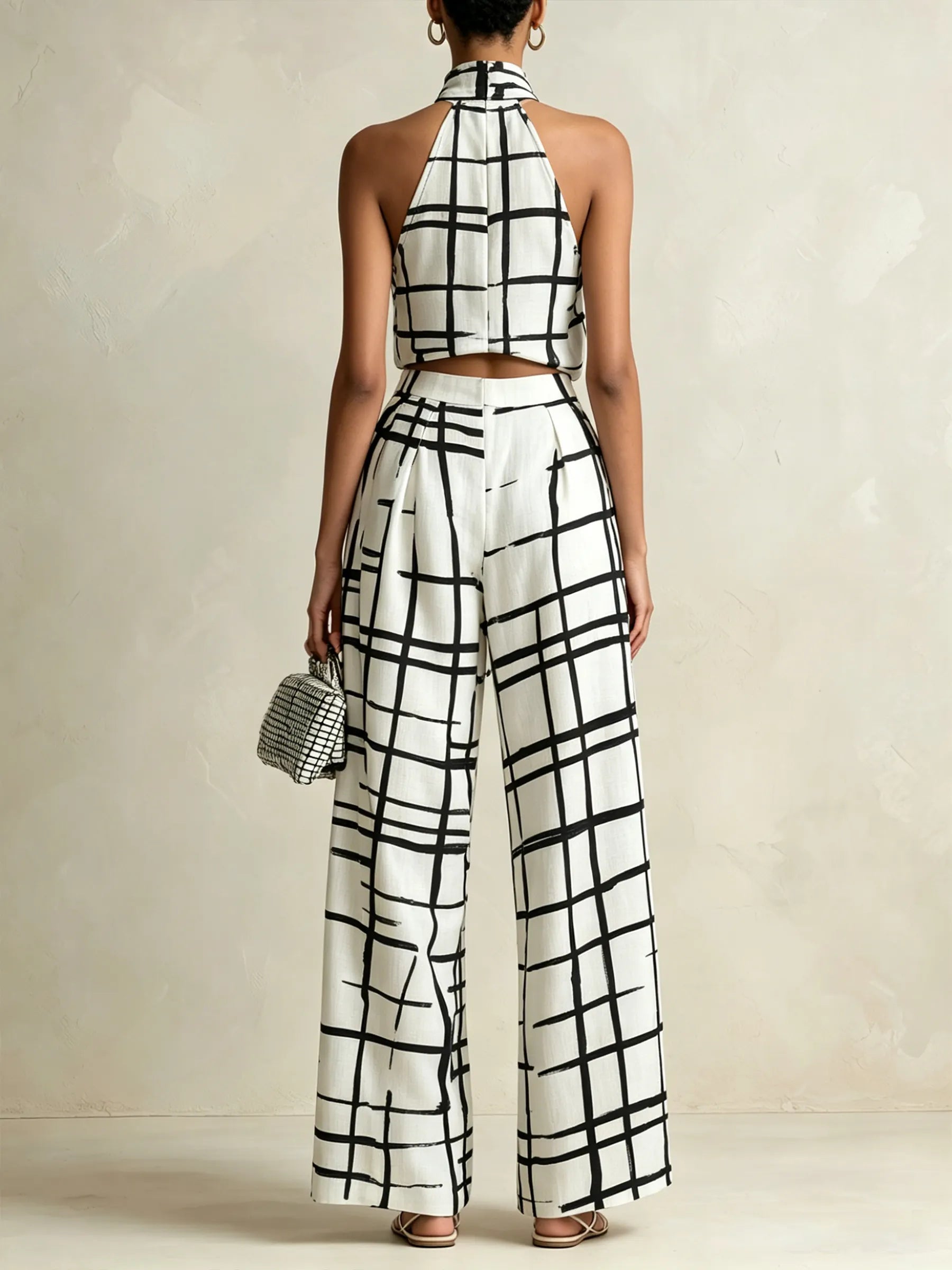 Abstract Grid Print Halter Two-Piece Set | Modern Wide-Leg Co-Ord For Women