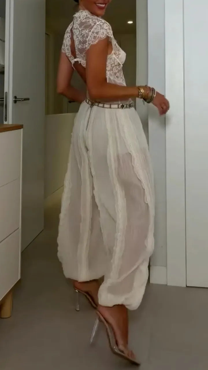 Lace Bodysuit & Sheer Ruched Harem Pants Outfit