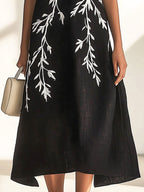 Stylish Black Linen Dress with Embroidered Details