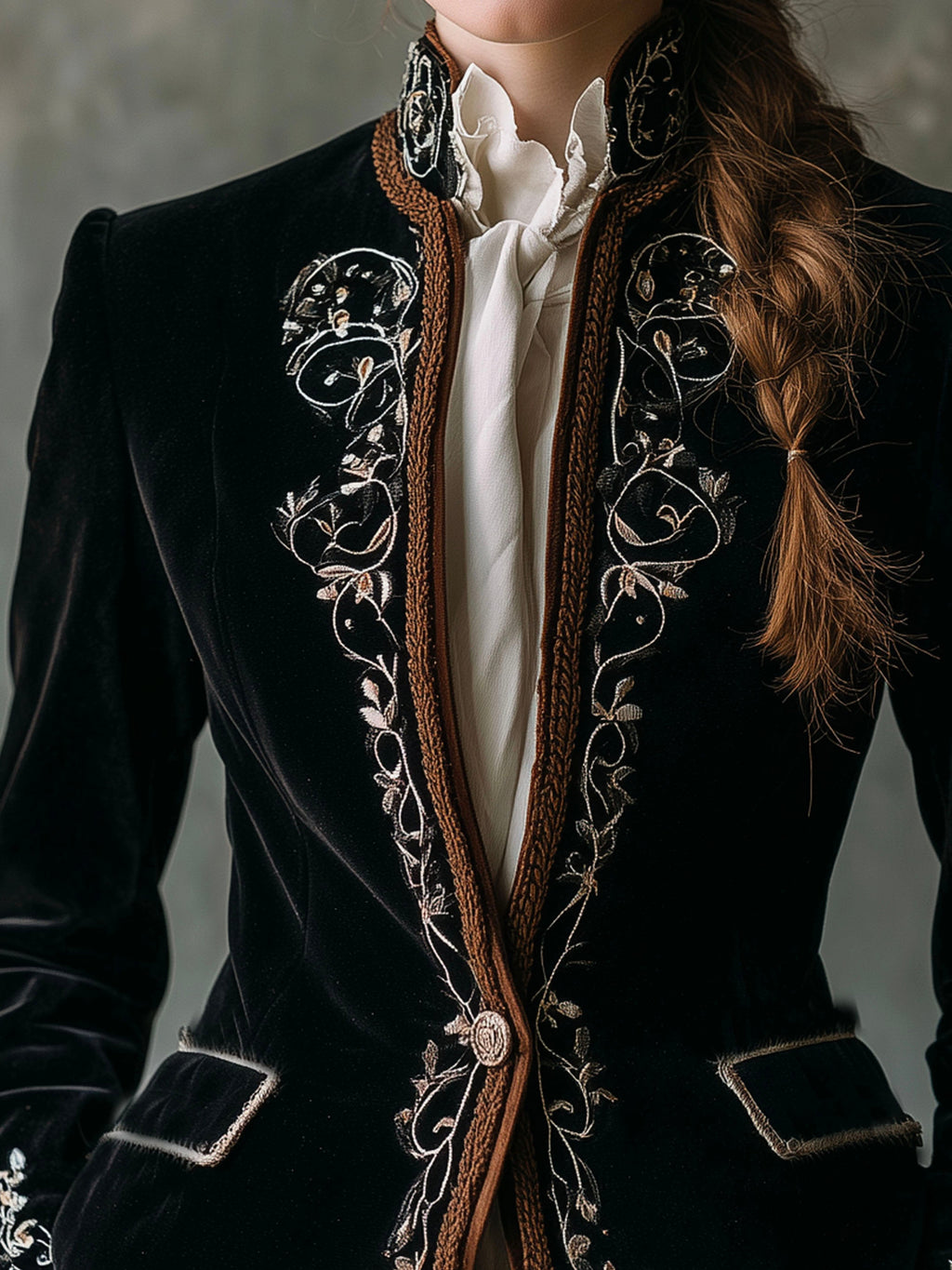 Elegant Black Luxurious Velvet Embroidered Tailored Jacket