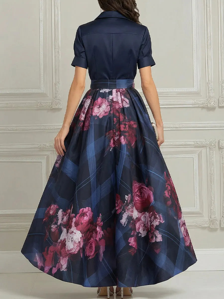 Deep V-Neck Floral Print A-Line Midi Dress