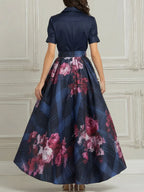 Deep V-Neck Floral Print A-Line Midi Dress
