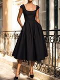 Midi Linen Dress, Sleeveless, Lace Collar, Plain, Lace, French Vintage, Black