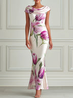 Elegant Floral Cowl-Neck Mermaid Dress