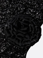 Black 3D Floral Lace Sequin Crew Neck Short Sleeve Sheath Maxi Dress