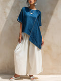 Blue Asymmetrical Top & White Wide-Leg Pants Two-Piece Set