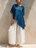 Blue Asymmetrical Top & White Wide-Leg Pants Two-Piece Set