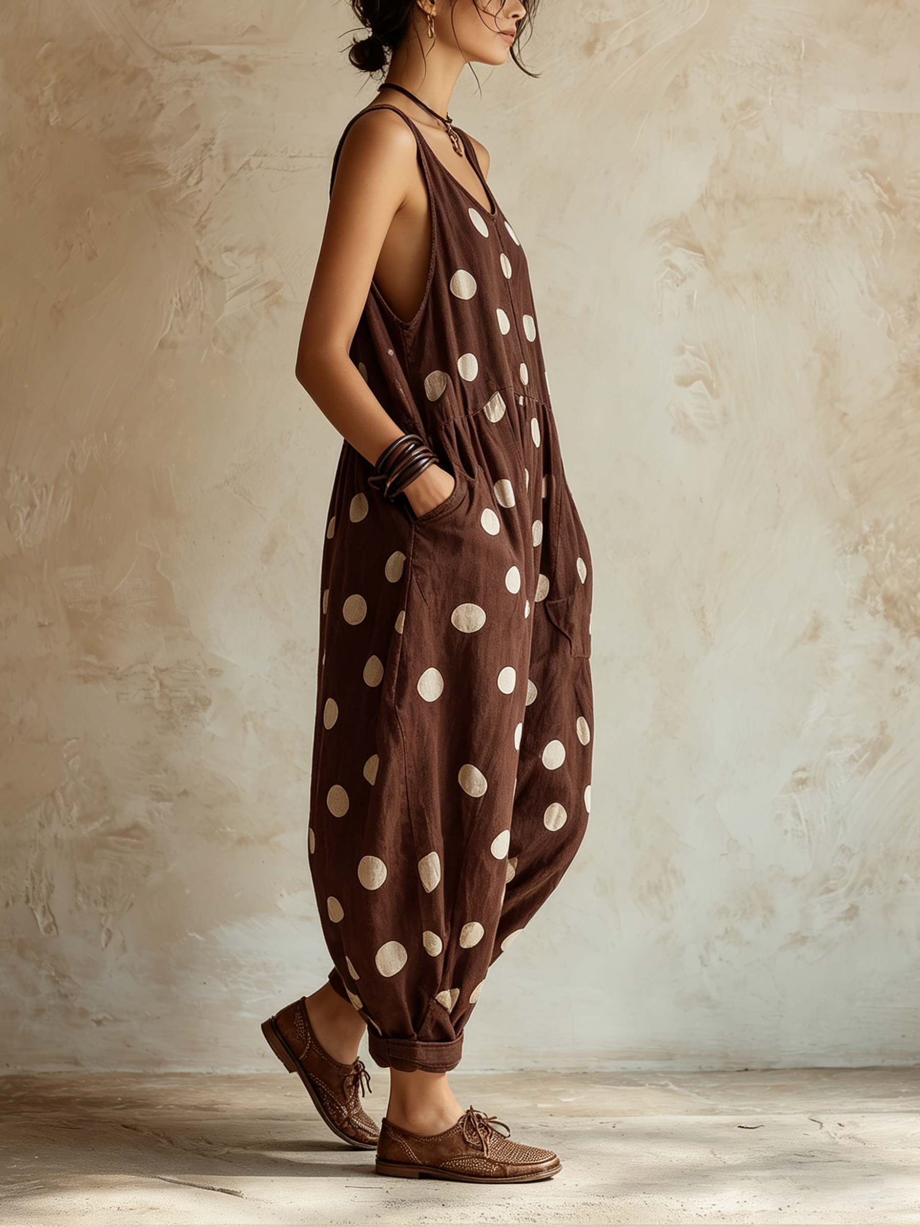 Brown Polka Dot Linen-Blend Loose Sleeveless Jumpsuit