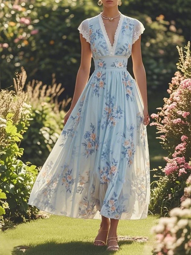 Light Blue Faux Pearl Floral V Neck A-Line Maxi Chiffon Dress