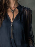 Sheer Chiffon Zip-Front Blouse