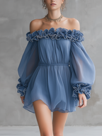 Dusty Blue Ruffled Trim Chiffon Off-Shoulder Mini Dress
