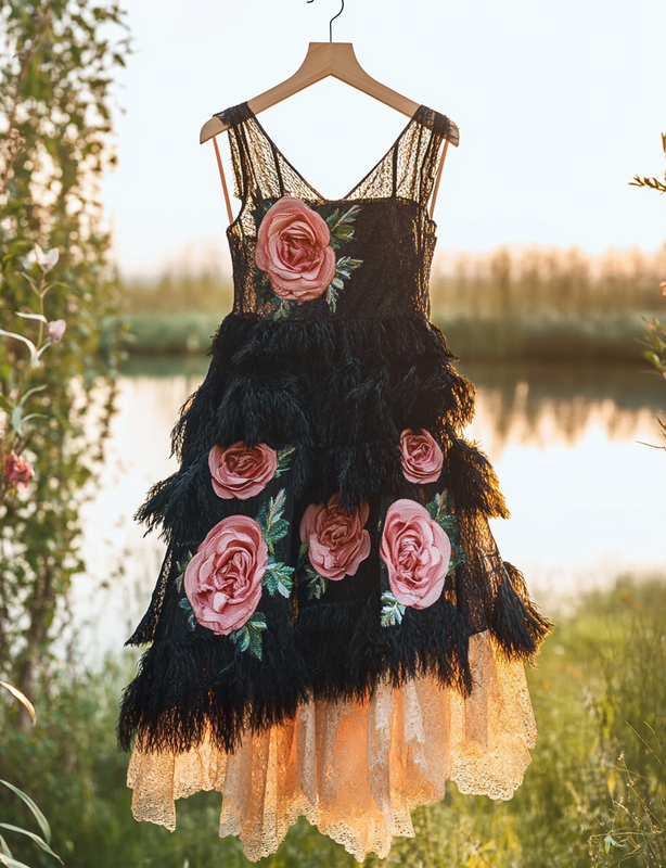 Summer Handmade Floral Feather Patchwork Dress 8873